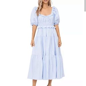 En Saison Poplin Puff-Sleeve Tiered Midi Dress